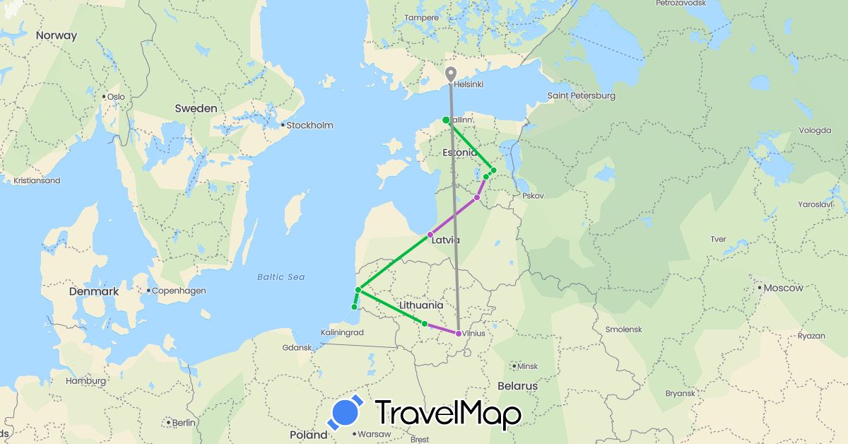 TravelMap itinerary: bus, plane, train, boat in Estonia, Finland, Lithuania, Latvia (Europe)